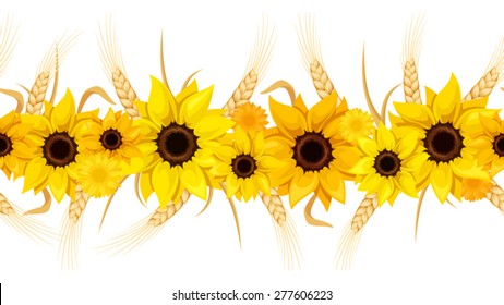Horizontal seamless background with sunflowers and ears of wheat on white. Vector illustration.