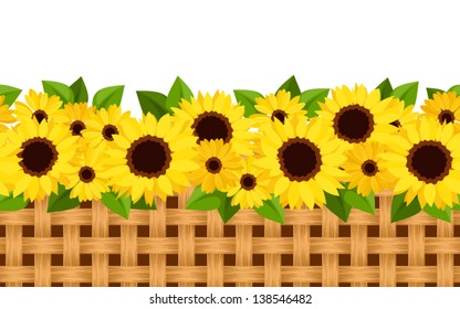 Horizontal seamless background with sunflowers and wicker. Vector illustration.