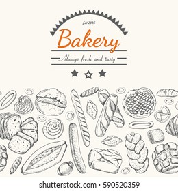 Horizontal seamless background with various bakery products. Vector illustration for your design