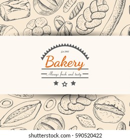 Horizontal seamless background with various bakery products. Vector illustration for your design