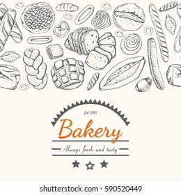 Horizontal seamless background with various bakery products. Vector illustration for your design
