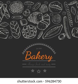 Horizontal seamless background with various bakery products. Vector illustration for your design