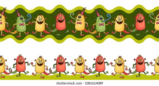 Horizontal Seamless Background for your Design with Different Cartoon Monsters, Colorful Tile Pattern with Cute Funny Characters. Vector