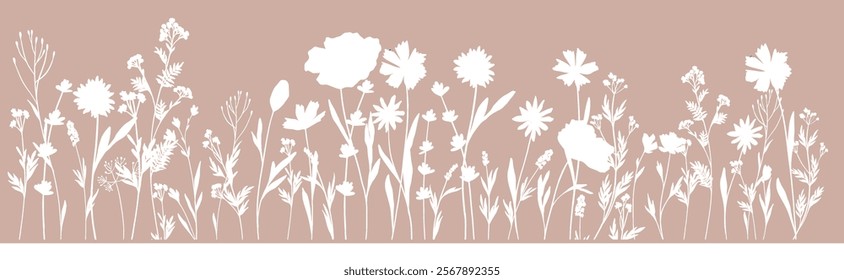 Horizontal seamless banner blooming flowers and leaves silhouette. Spring floral backdrop. Line vector illustration botanical design field wild flowers. Camomile, bluebells, poppy, medicine herbs