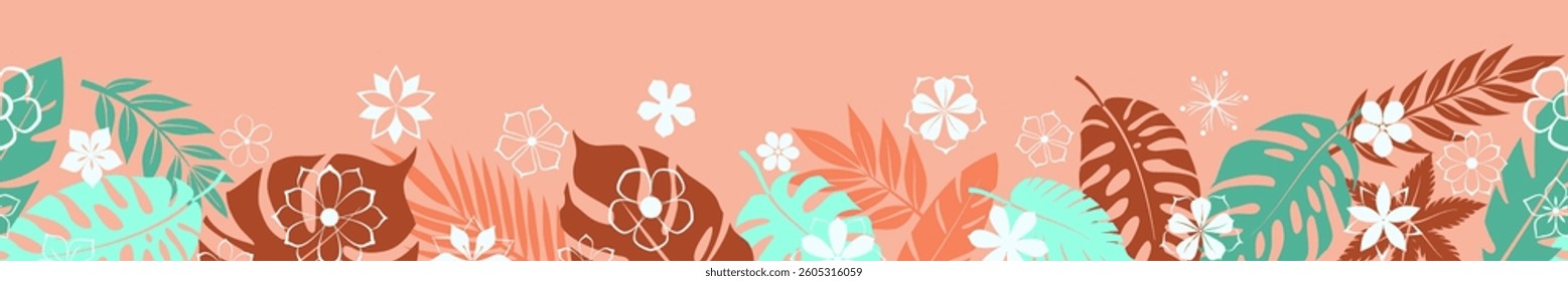 Horizontal seamless banner combines of stylized colored palm leaves and white flowers, arranged against a warm peach backdrop.