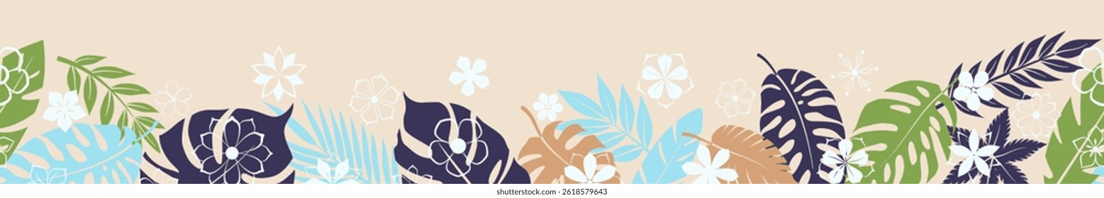 Horizontal seamless banner combines of stylized colored palm leaves and white flowers, arranged against a beige backdrop.