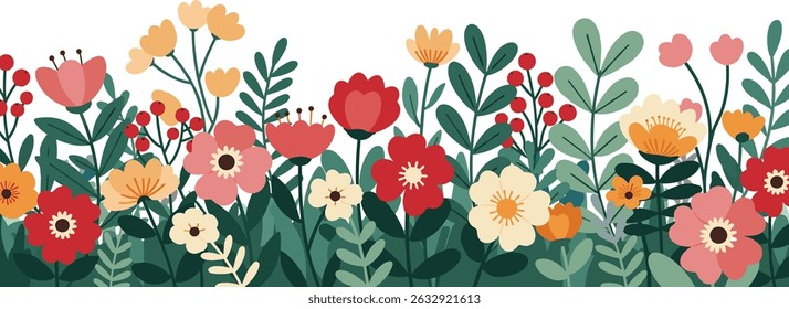 Banner horizontal sem emenda decorado com flores e folhas florescentes. Fundo floral da primavera.