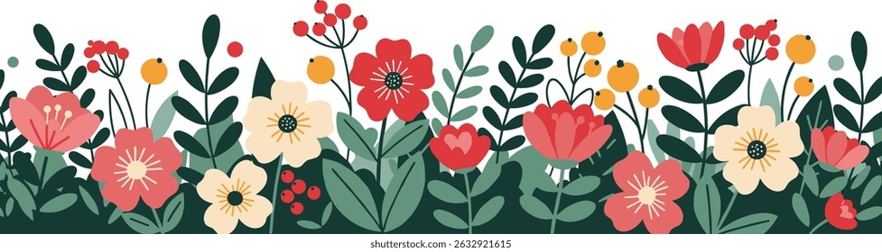 Horizontal seamless banner decorated with blooming flowers and leaves. Spring floral backdrop.