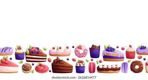 Banner horizontal sem emenda com deliciosos doces em um fundo branco. O conceito de uma pastelaria, padaria e cozinha. Ilustrações vetoriais para cartazes, banners, folhetos e capas