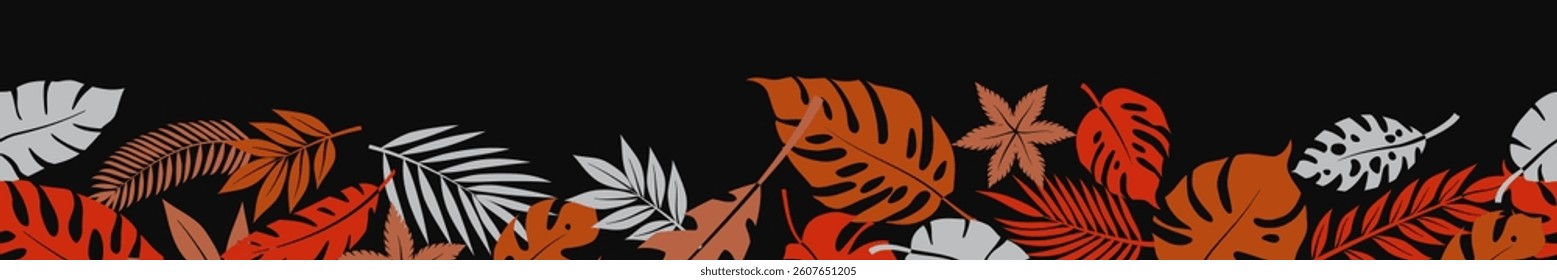 Horizontal seamless banner with a dynamic arrangement of stylized tropical palm leaves in various colors, set against a black backdrop.