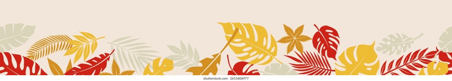 Horizontal seamless banner with a dynamic arrangement of stylized tropical palm leaves in various colors, set against a beige backdrop.