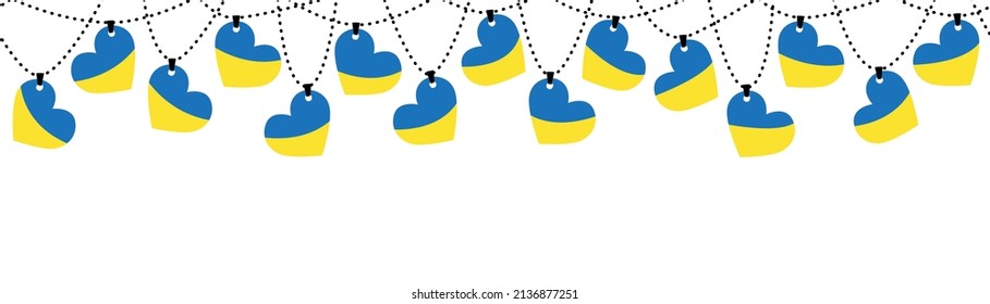 Horizontal seamless banner flag of Ukraine. Yellow blue hearts are hung on chain. Vector illustration isolated.