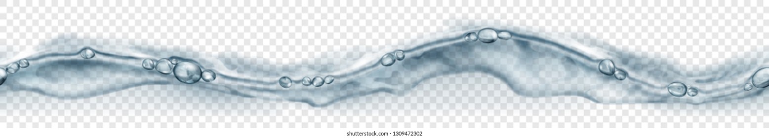 Horizontal seamless banner with horizontally repeated translucent water wave in gray colors with air bubbles and drops, isolated on transparent background. Transparency only in vector file