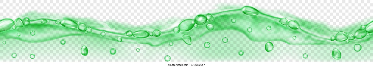 Horizontal seamless banner with horizontally repeated translucent water wave in green colors with air bubbles and drops, isolated on transparent background. Transparency only in vector file