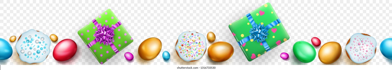Horizontal seamless banner with horizontally repeated realistic colored Easter eggs, cakes and gift boxes with soft shadows on transparent background
