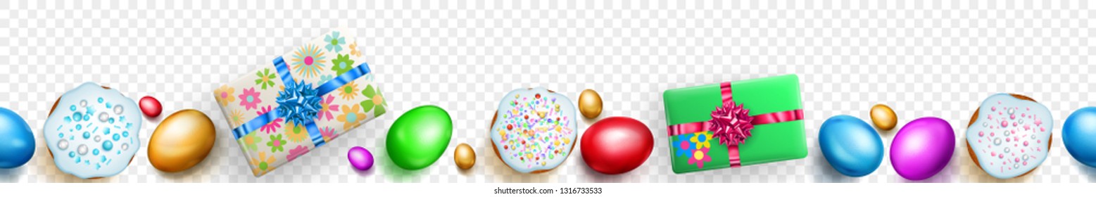 Horizontal seamless banner with horizontally repeated realistic colored Easter eggs, cakes and gift boxes with soft shadows on transparent background