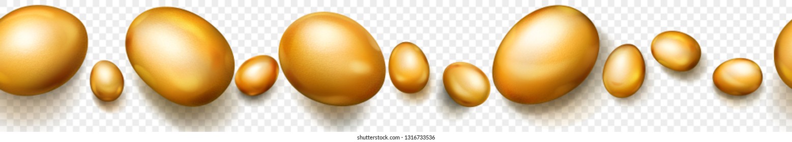 Horizontal seamless banner with horizontally repeated realistic golden Easter eggs with soft shadows on transparent background