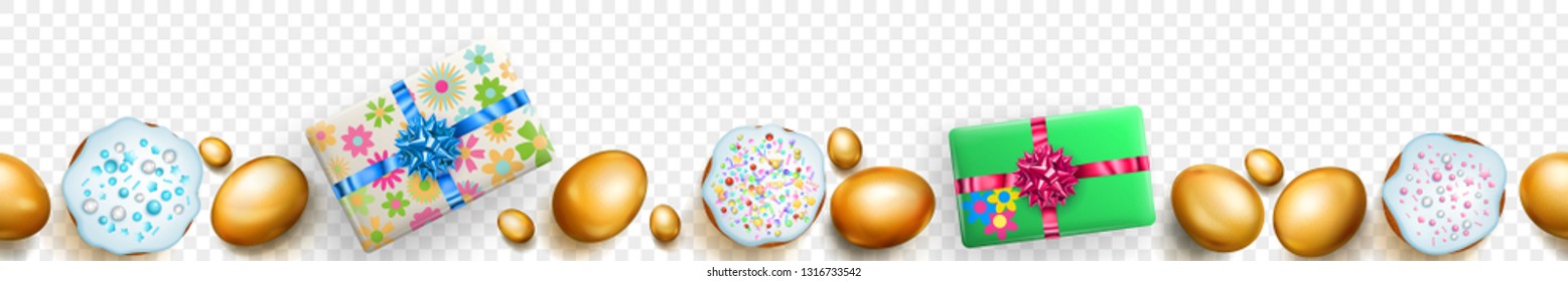 Horizontal seamless banner with horizontally repeated realistic golden Easter eggs, cakes and gift boxes with soft shadows on transparent background