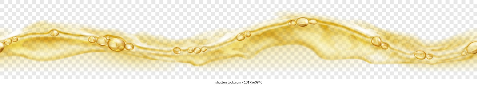 Horizontal seamless banner with horizontally repeated translucent water wave in yellow colors with air bubbles and drops, isolated on transparent background. Transparency only in vector file