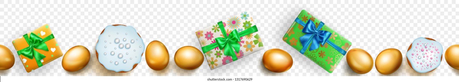 Horizontal seamless banner with horizontally repeated realistic golden Easter eggs, cakes and gift boxes with soft shadows on transparent background
