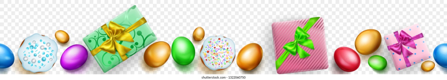 Horizontal seamless banner with horizontally repeated realistic colored Easter eggs, cakes and gift boxes with soft shadows on transparent background