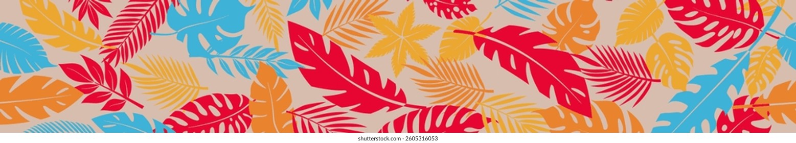 Horizontal seamless banner with a lively arrangement of stylized tropical palm leaves in bold colors, set against a soft beige backdrop.