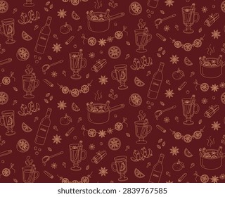 Horizontal seamless banner pattern featuring mulled wine, hot drink ingredients, wine bottle, winter beverage, spices and orange slice doodles. Panoramic vector texture for christmas wallpapers.