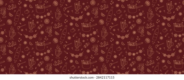 Horizontal seamless banner pattern featuring mulled wine, hot drink ingredients, wine bottle, winter beverage, spices and orange slice doodles. Panoramic vector texture for christmas wallpapers.