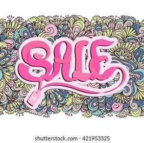 Horizontal seamless banner with pink Sale lettering, white outline doodle ornament, curves, waves, stylish background composition. Easy to use for advertising, poster, banner, card, shopping design