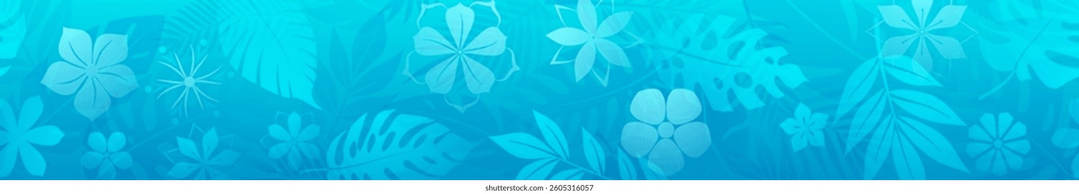 Horizontal seamless banner showcases a lush, tropical design with an array of stylized leaves and flowers rendered in various shades of light blue.