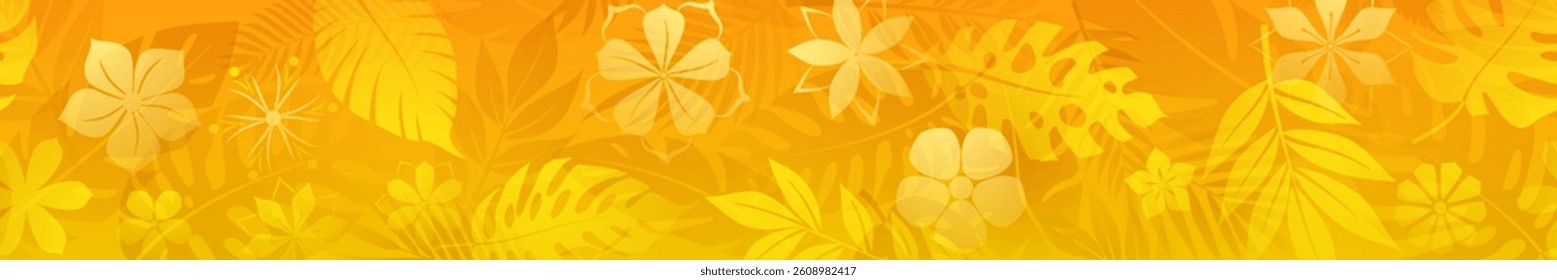 Horizontal seamless banner showcases a lush, tropical design with an array of stylized leaves and flowers rendered in various shades of yellow.