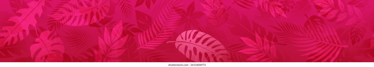 Horizontal seamless banner showcases a minimalist design with various tropical palm leaves in red tones.