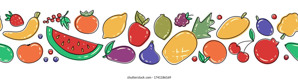 Horizontal seamless banner template with fresh organic summer fruits and berries on white. Decorative vector illustration in flat style for advertisement, promotion. Healthy food. Juicy fruits