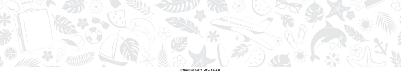Horizontal seamless banner with a variety of elements such as palm leaves, flowers, a flying airplane, cheerful dolphin, bright sun, and other tropical symbols, in shades of gray.