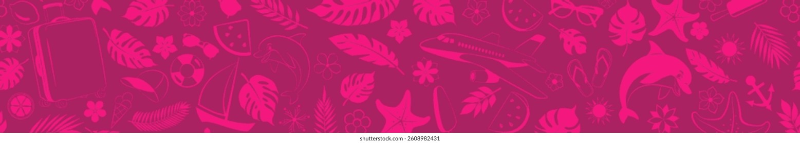 Horizontal seamless banner with a variety of elements such as palm leaves, flowers, a flying airplane, cheerful dolphin, bright sun, and other tropical symbols, in shades of pink.