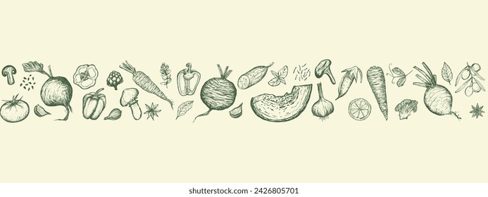 Horizontal seamless banner of Vegetables set. Vegetarian food sketch, hand drawn illustration. Harvesting, vegetarianism. Banner of Healthy food, proper nutrition.