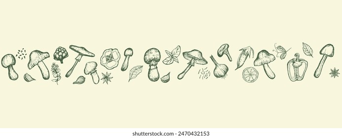 Horizontaler nahtloser Banner von Gemüsesatz. Vegetarische Lebensmittelskizze, handgezeichnete Illustration. Ernte, Vegetarismus. Banner von gesundem Essen, richtige Ernährung.