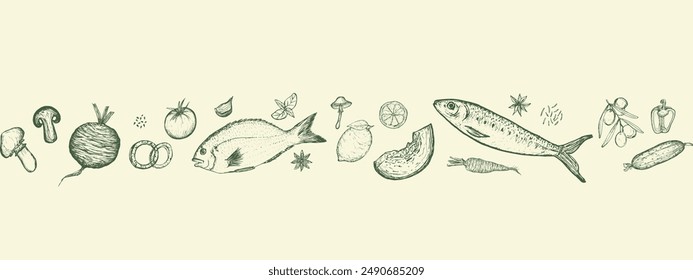 Horizontal seamless banner of Vegetables set and fishes. Food sketch, hand drawn illustration. Harvesting, Healthy food, proper nutrition.
