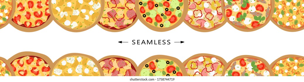 Horizontal seamless banner for website. Flyer for menu restaurant with different kinds of pizza and empty space. Flat vector design
