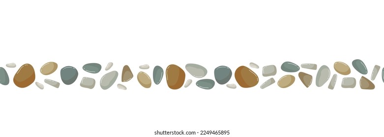 Horizontal Seamless Beach pebbles border. Various shapes different colors. Vector stone frame isolated on white background. Beach, Spa stones. Sea rocks. Hand drawn wallpaper, textile, packaging