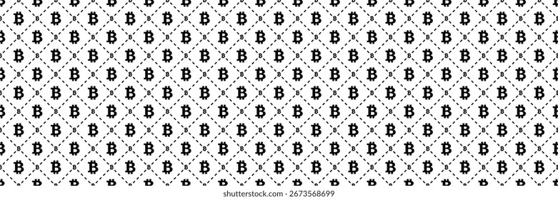 horizontales, nahtloses schwarzes Bitcoin-Symbol in gestricheltem quadratischem Linienmuster für Design und Hintergrund.