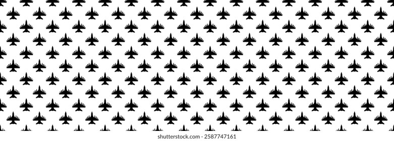 horizontal seamless of black fighter plane with bomb and missile on white.