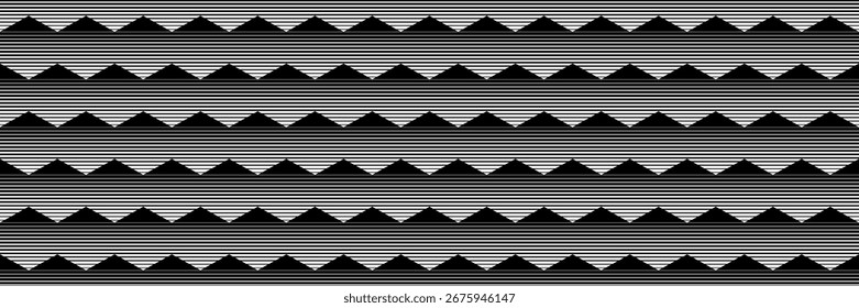 horizontal seamless black lined art triangle and hexagon pattern for design and background.
