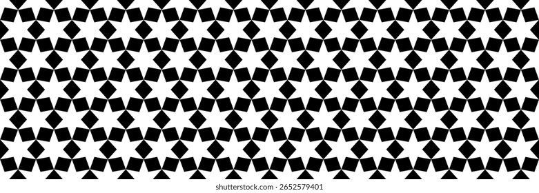 horizontal seamless black rhombus and white star pattern for background and design.