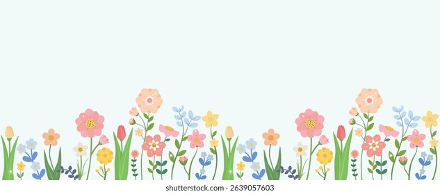 Horizontal seamless border with blooming flowers and dew drops.Vector illustration on white background. For backgrounds, textile, home decor, posters, social media. 