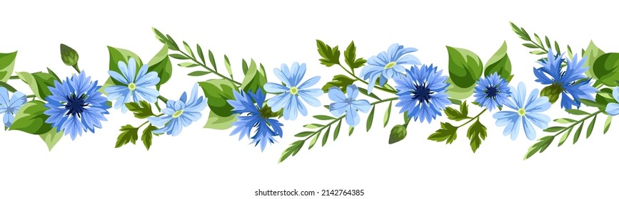 Frontera horizontal sin costura con flores azules y hojas verdes. Vector de guirnalda floral