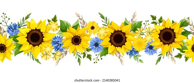 Frontera horizontal sin fisuras con girasoles azules y amarillos, flores de león, flores de gerbera, flores de maíz, orejas de trigo y hojas verdes. Ilustración del vector