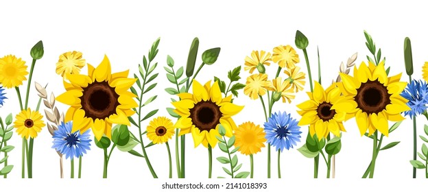 Horizontal seamless border with blue and yellow flowers with stems. Sunflowers, dandelion flowers, gerbera flowers, cornflowers, ears of wheat, and green leaves. Vector illustration