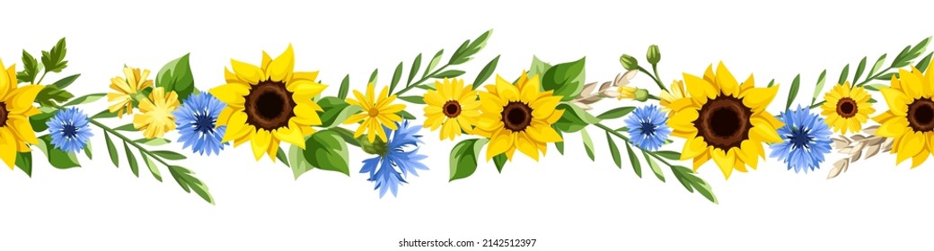 Horizontal seamless border with blue and yellow sunflowers, cornflowers, dandelion flowers, gerbera flowers, ears of wheat, and green leaves. Vector illustration