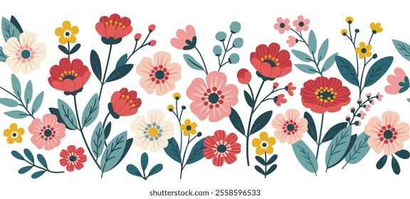 Horizontal seamless border with bright spring flowers. Flowers decor in flat design style